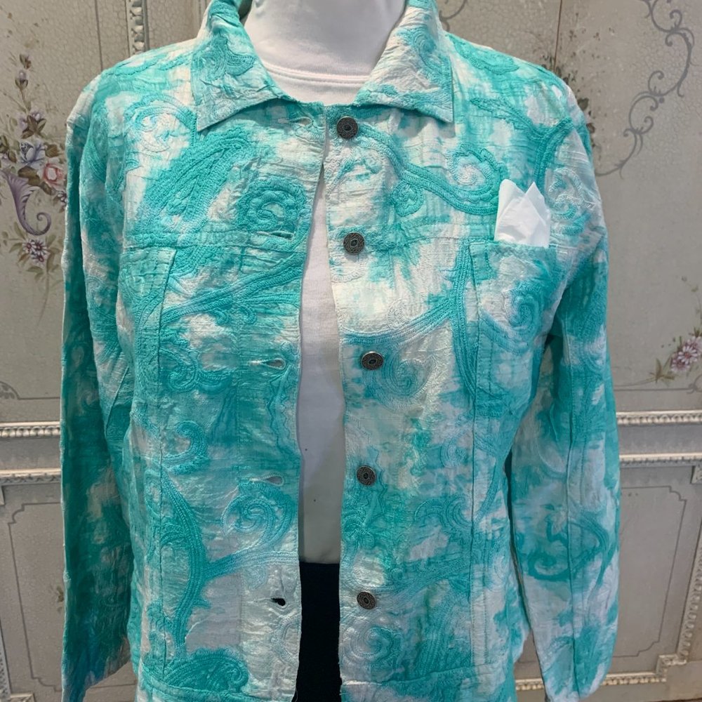100% silk lightweight jacket, teal and white embroidery